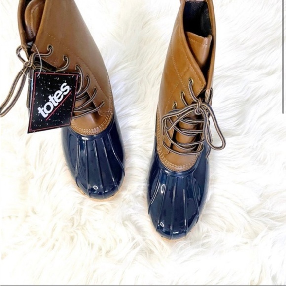 Totes waterproof boots rain boots snow winter lace up navy tan duck - Picture 4 of 6